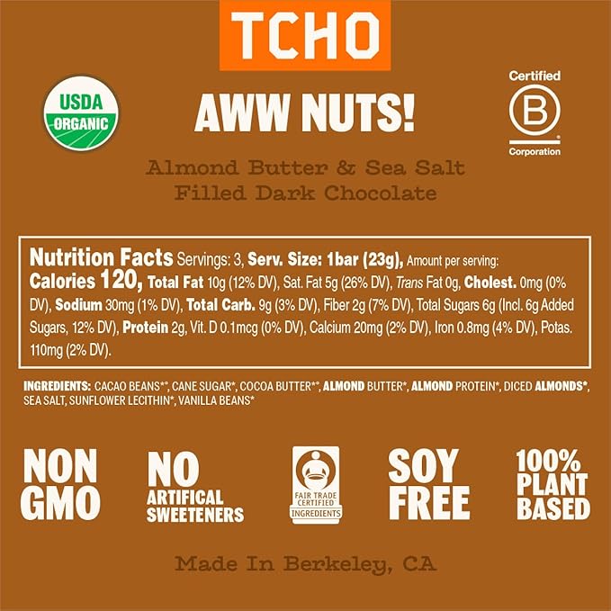TCHO Aww Nuts! 75% Dark Chocolate Bars (10 pack) | Plant Based, Organic & Fair Trade, | Non GMO, Non-Dairy, Vegan Chocolate, Soy Free (2.5oz each)