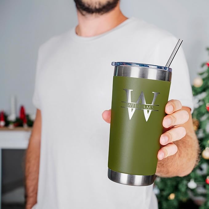 Be Burgundy Personalized Tumbler with Engraved Name - 12 Designs, 30 Oz Coffee Tumbler with Slider Lid, Army Green, Double Wall Insulated - Gift for Men, Husband, Personalized Gift for Him