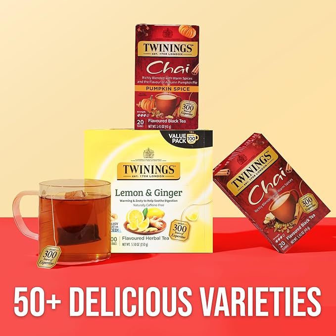 Twinings Pumpkin Spice Chai Black Tea Individually Wrapped Bags, 20 Count (Pack of 1), Warm, Spicy & Aromatic, Caffeinated, Enjoy Hot or Iced, 20 Teabags