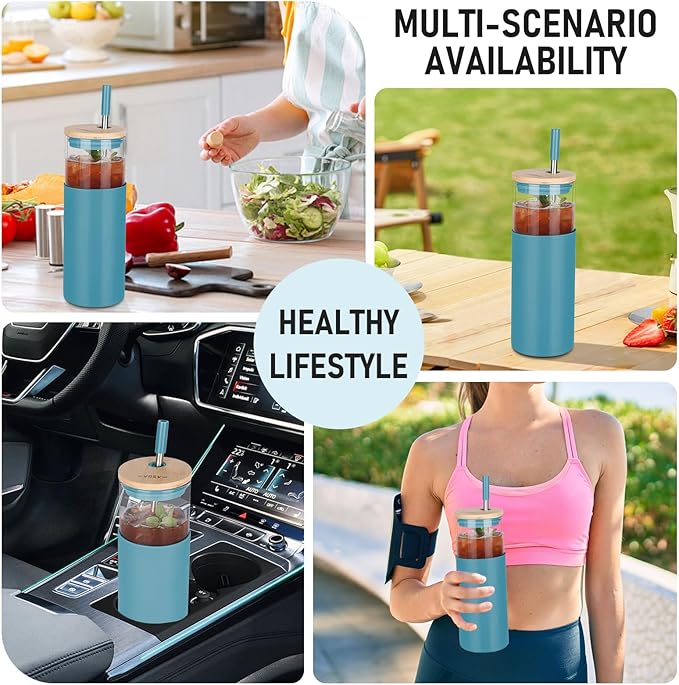 1Pack Glass Tumbler w/Lid & Straw - 24oz Reusable Glass Mug/Bamboo Lid & Stainless Steel Straw-BPA-Free, Leak-Proof, Dishwash Safe for Coffee, Smoothies, Hot Beverages, Travel, Office, Home Use