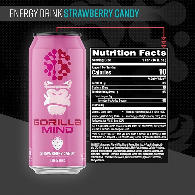 Gorilla Mind Energy Drink | Unmatched Energy · Amplified Focus | N-Acetyl-L-Tyrosine, Alpha-GPC, 200mg Caffeine, Uridine, Saffron | 0 Sugar Or Artificial Colors | 16oz, 12-Pack (Strawberry Candy)