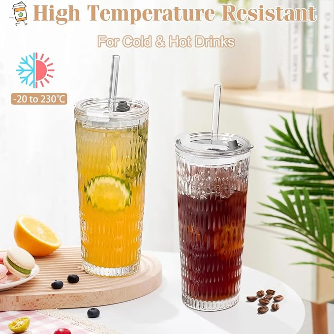 2 Pack Glass Tumblers with Lids and Straws 18oz: Leak-Proof Drinking Glasses with Airtight Lid, Stylish Water Ripple Design, Reusable Glass Iced Coffee Cups for Cold Drinks, Car Holder Fit