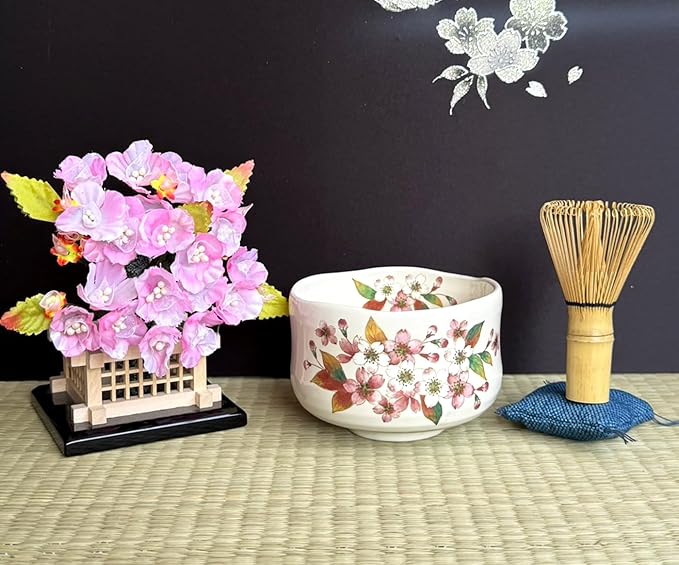 Japanese Traditional Mino Ware Handcrafted Mini Matcha Chawan Tea Bowl Cup Set With Chasen Bamboo Tea Whisk Ceremony Tableware Pottery (Kohiki Sakura)