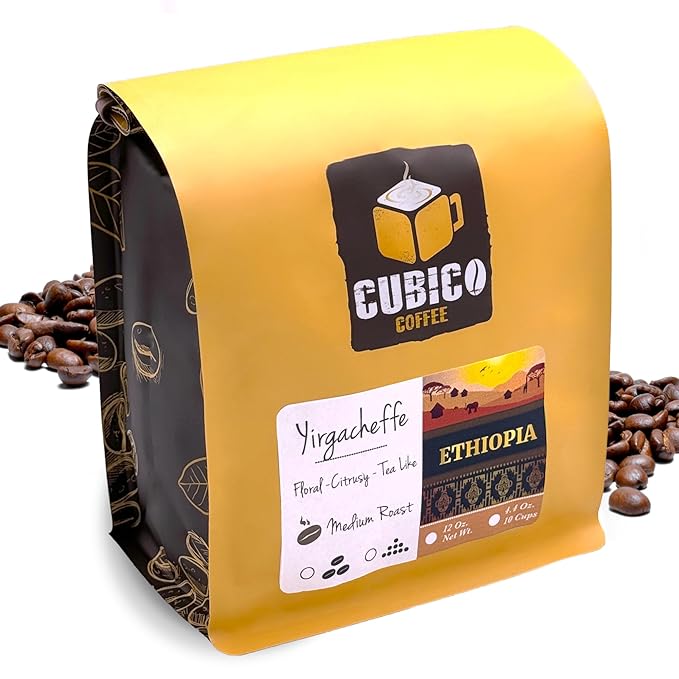 Ethiopian Yirgacheffe Coffee, Whole Bean Coffee, Premium Ethiopia Yirgacheffe Single Origin Fresh Roasted Coffee Beans | Cubico Coffee | 12 Ounce Bag