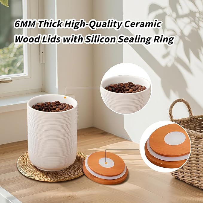 Food Storage Jar Strong Ceramic Storage Canisters with Airtight Wooden Lid,Kitchen Storage Containers for Serving Coffee Beans, Tea, Sugar, Salt, Spices (Little white)