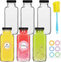 6 Pack 12oz Glass Water Bottles, 350ml Empty Glass Juice Bottles with Black Lids, Brush & Labels, Clear Reusable Drinking Jars for Juicing, Homemade Smoothies, Beverages