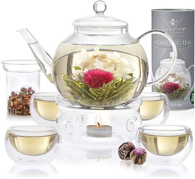 Teabloom Complete Tea Set – Glass Teapot (40 oz), Loose Tea Glass Infuser, 4 Insulated Glass Teacups, Tea Warmer, and 12 Flowering Teas – Elegant Blooming Tea Gift Set