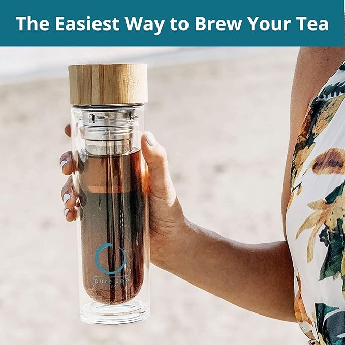 Pure Zen Tea Infuser Bottle - Insulated Glass Bottle for Loose Leaf Infusions - Tea Tumbler with Infuser - Portable Travel Mug for Infused Water - Thermos with Diffuser on the Go - 15 oz