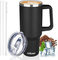40 oz Insulated Coffee Mug with Ceramic Coating, Stainless Steel Travel Coffee Tumbler with Handle Lid and Straw, Double Wall Leak-Proof Coffee Travel Mug Keeps Drink Hot and Cold (Black)