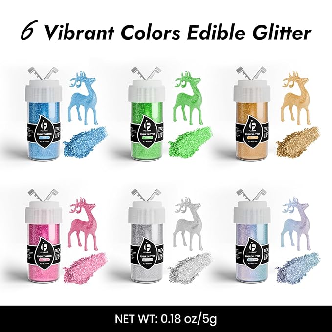 Edible Glitter for Cocktails, Edible Luster Dust 6 Colors, Food Grade Glimmer Sprinkles for Baking, Cakes, Strawberries, Beverage, Cookies, Candy, Chocolate, Vegan (5g/Bottle)