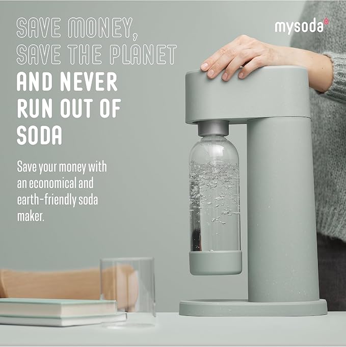 Mysoda Woody Sparkling Water Maker - Silent Carbonated Water Machine Made of Renewable Wood Composite and 1L Water Bottle - Without CO2 Cylinder - Seltzer Maker Machine - Colour Sage Green