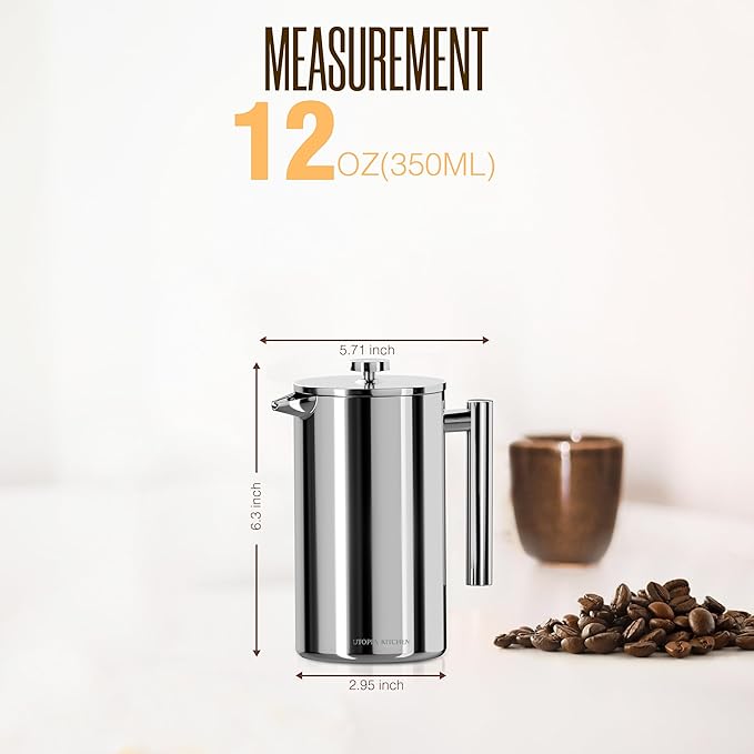 Utopia Kitchen Stainless Steel French Press Coffee Maker 12 Oz, French Press Tea Maker, Cold Brew Portable Travel Coffee Presses, Tea Press Gifts Silver