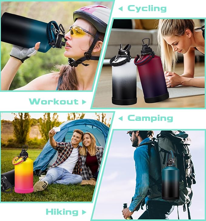 1 Gallon Insulated Water Bottle - with Straw & Auto Chug Lid, Paracord Handle, Bottle Sleeve, 128 oz Stainless Steel Water Bottle, Large Metal Gallon Water Jug Canteen for Sport Work