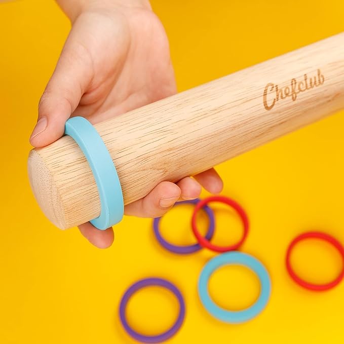 Adjustable Wooden Rolling Pin - 3 Removable Silicone Rings - Perfect for Baking & Pastry, Pizza, Pie, Cookie Dough - Precision Baking Tool for Kids