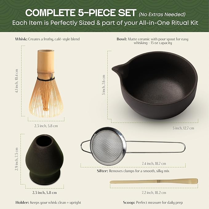 Luxury Matcha Set – 5 Piece Ceremonial Tea Kit with Matte Black Bowl, Bamboo Whisk, Holder, Sifter & Scoop – Premium Gift for Matcha Lovers at Home or Café