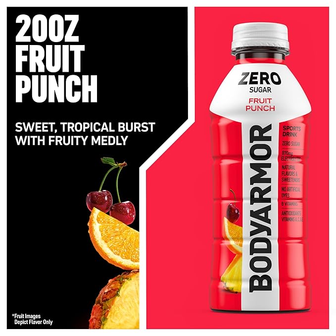 BODYARMOR ZERO Sugar Fruit Punch, Sugar Free Sports Drink - Low-Calorie Hydration - Natural Flavors with Potassium Packed Electrolytes, Antioxidants, and B-vitamins, 20 fl oz (pack of 6)