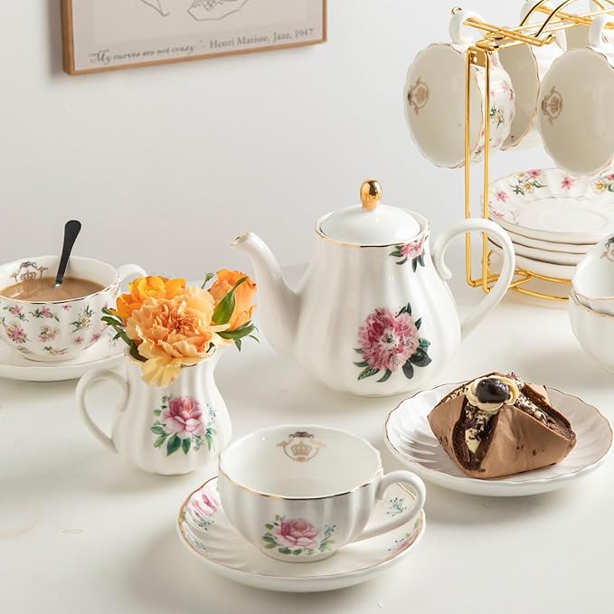 Porcelain Tea Sets British Royal Series, 8 OZ Cups & Saucer Service for 6, with Teapot Sugar Bowl Cream Pitcher Teaspoons and Tea Strainer, Suitable for High Tea, Wedding, Party