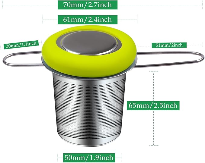 Fenshine Tea Infuser Stainless Steel Tea Strainer Folding Handle Tea Filter Extra Fine Mesh Strainer Brewing Basket with Lid for Loose Leaf Tea (Green)
