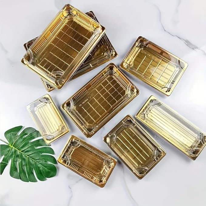 10 Pack Gold Rectangular Sushi Containers with Clear Lids – Disposable Plastic Food Boxes for Party, Takeout & Catering – Elegant, Stackable Trays for Sushi, Snacks & Desserts(Model No.1102)