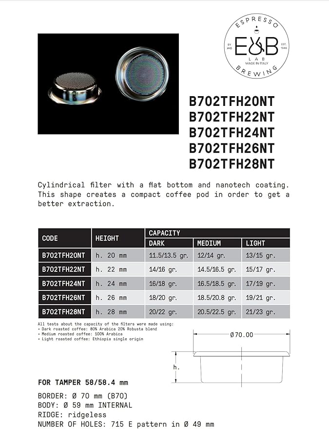 E&B Lab NT (NanoTech) Double Espresso Portafilter Basket 58mm Ridgeless (22) Silver
