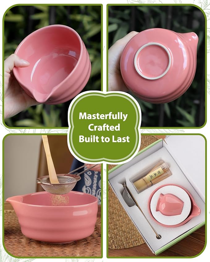 5PCS Matcha Set - 17OZ Ceremonial Bowl with Spout, Bamboo Whisk (Chasen), Stainless Sifter, Scoop & Holder, Matcha Kit for Matcha Lovers, Pink