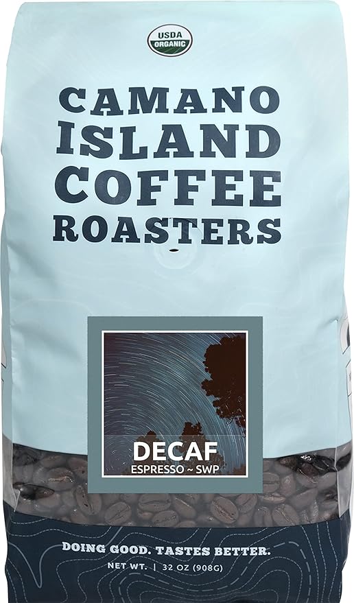 Camano Island Coffee Roasters Decaf Espresso Blend, Whole Bean 2lb, Fresh Dark Roast Swiss Water Processed, USDA Organic, Fairly Traded, Shade Grown Top 1% Arabica, Sweet Molasses, Mixed Berry Flavor