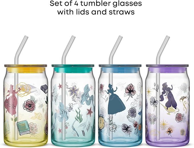 JoyJolt Disney Princess Icon Glass Tumblers with Lids and Straws, 16oz Glass Cups with Lids and Straws ft Princess Jasmine Ariel Cinderella Belle, 4pc Can Shaped Drinking Glasses, Iced Coffee Cups