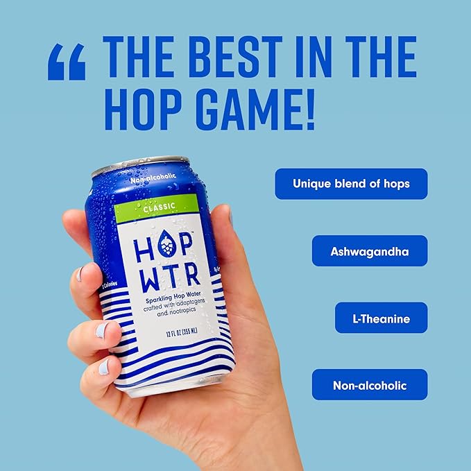 HOP WTR Sparkling Hop Water, Classic 12 Pack, Sugar Free, Low Carb Non Alcoholic Drinks, NA Beer, Adaptogen Drink, No Calories, Adaptogens & Nootropics for Added Benefits, 12 oz Cans