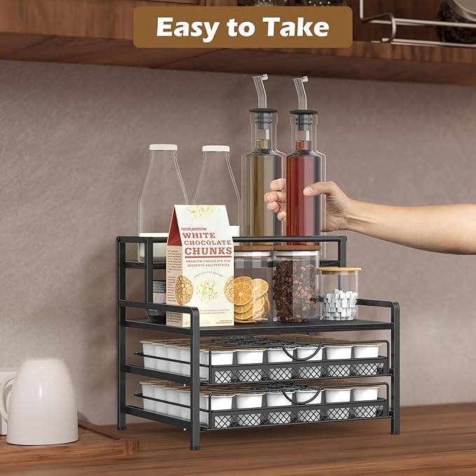 Coffee Bar Organizer, Coffee Pod Organizer,3 Tier Coffee Syrup Rack Organizer,72 K Cup Storage for Counter Storing K Cup,Coffee Syrups, Coffee Makers and Other Coffee Supplies-Black