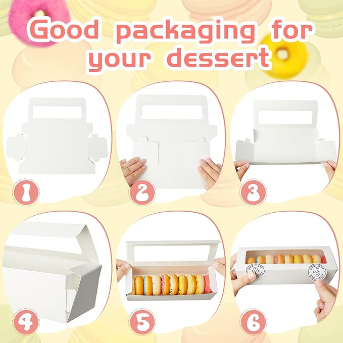 Sherr 150 Pcs White Macaron Boxes with Window, Cookies Boxes with 200 Pcs Stickers Long Bakery & Dessert Gifts Containers for Donuts, Pastry, Chocolate Covered Strawberry