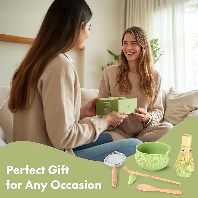 Matcha Whisk Set (7 Pcs) - Complete Matcha Set, Matcha Bowl with Spout, Whisk with Holder, Bamboo Scoop with Rest and Sifter, Perfect Kit for Matcha Lovers (Green Mist)