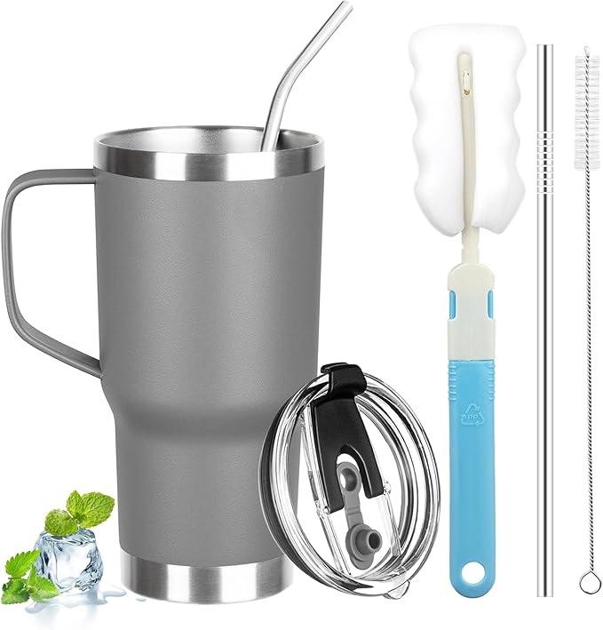 20 oz Tumbler with Handle, Stainless Steel Insulated Tumbler with Lid and Straw, Double Wall Vacuum Coffee Mug Tumbler, Insulated Coffee Thermal Cup for Cold and Hot (Grey, 20 Ounces)