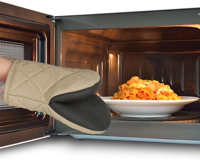 1 Pair Short Oven Mitts, Heat Resistant Silicone Kitchen Mini Oven Mitts for 500 Degrees, Non-Slip Grip Surfaces and Hanging Loop Gloves, Baking Grilling Barbecue Microwave Machine Washable