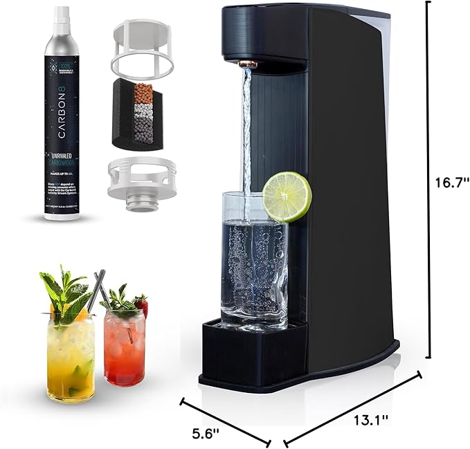 Carbon8 Home Soda Streaming Machine, Carbonator with Screw-In CO2 Cylinder, Countertop Water Mineralizer, Filtration & Purification System, Sparkling Seltzer Water Maker, BPA-Free