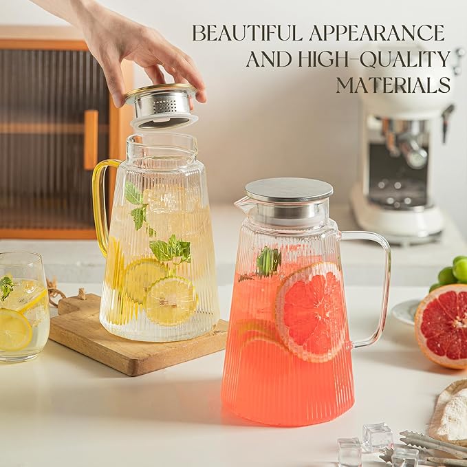 [2 Pack] Ribbed Glass Pitcher Set – 71oz Heat-Resistant Beverage Jugs with Lid for Water, Iced Tea, Juice, Coffee – Large Borosilicate Carafes for Hot & Cold Drinks, Elegant Serving Pitchers