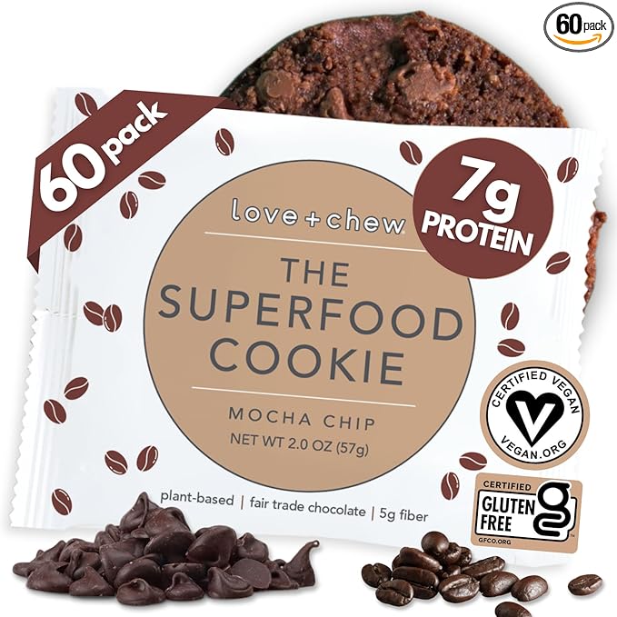 Love + Chew Superfood Soft Baked Cookies, Mocha Chip Flavor, Plant Based Cookie Made With Coffee Extract & Dark Chocolate for Kids and Adults, Vegan Snacks, Gluten Free, Paleo, Non GMO, 60 Pack
