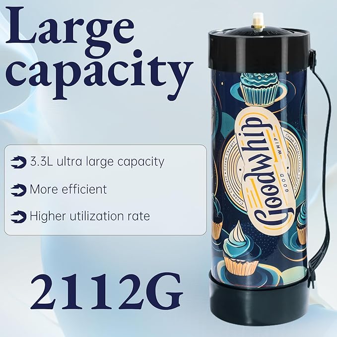 Whipped Cream Charger 3.3L Tank Food Grade cream chargers cylinder, Fits with Any Standard Dispensers (Nozzle Included) (2112g-1 tank)