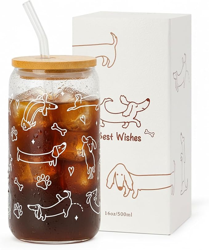 Dachshund Glass Cup with Lid & Straw for Dog Lovers - 16oz Cute Funny Weiner Dog Iced Coffee Cup Smoothie Tumbler Dog Owner Gift for Friend, Mom, Wife, Fur Mom, Pet Mommy, Sister, Coworker
