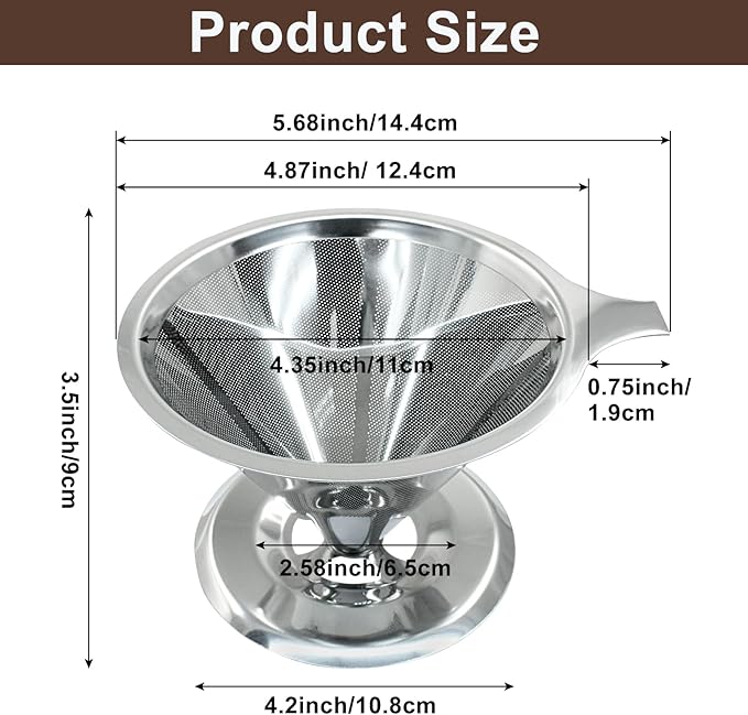 Waziaqoc Pour Over Coffee Dripper, Slow Drip Paperless Coffee Filter, Stainless Steel Pour Over Coffee Maker for 1-4 Cups Brew, Double Mesh Design of Manual Reusable Cone Filter