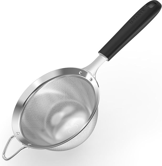 U-Taste Medium Fine Mesh Strainer: 18/8 Stainless Steel 4.73in 30 Mesh Kitchen Food Sieve with Sturdy Riveted Silicone Handle, Heavy Duty Deep Handheld Metal Colander for Rice, Quinoa, Flour (Black)