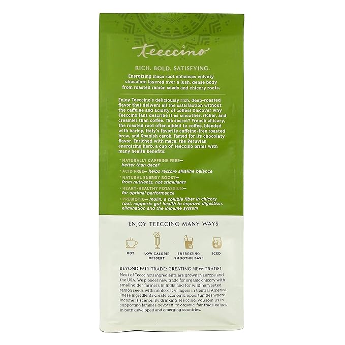 Teeccino Maca Chocolaté Chicory Coffee Alternative - Ground Herbal Coffee That’s Prebiotic, Caffeine Free & Acid Free, Dark Roast, 11 Ounce (Pack of 6)