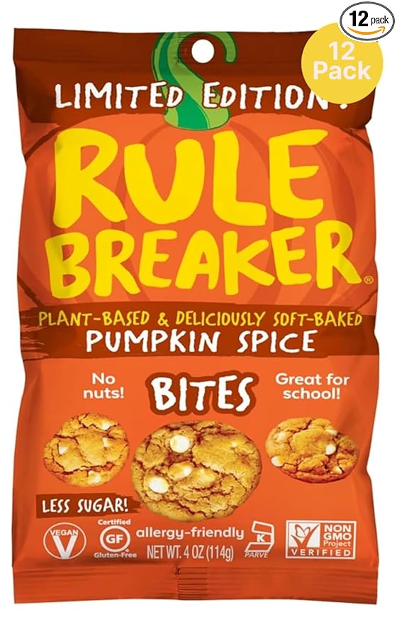 Rule Breaker Vegan & Gluten-Free Cookies | Pumpkin Spice Bites | Plant-Based, Dairy, Nut, Soy, Allergen Free, Kosher | Soft-Baked School Snacks for Kids and Adults | Better-For-You Bites (Pack of 12)