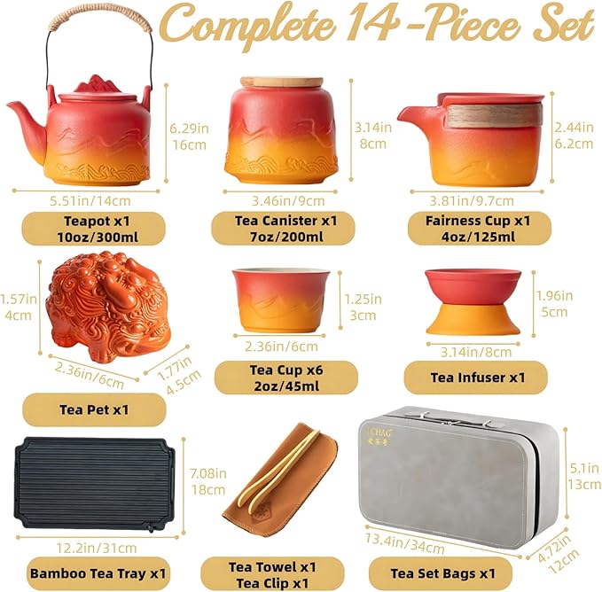 ICHAG Chinese Tea Set, Japanese Tea Sets for Adults, 15-Piece Porcelain Gongfu Tea Set with Tea Pet & Tea Tray, Japanese Teapot Set, Travel Tea Party Set, for Home/Office/Outdoor/Gifts (Red)
