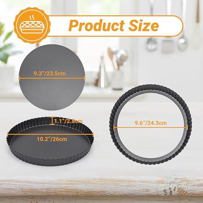 Beasea Tart Pan 10 Inch Removable Bottom, 2pcs 10 Inch Round Non Stick Pie Pans Carbon Steel Loose Base Bottom Tart Quiche Pie Tart Pans for Baking Fruit Cheese Tart Pie Desserts