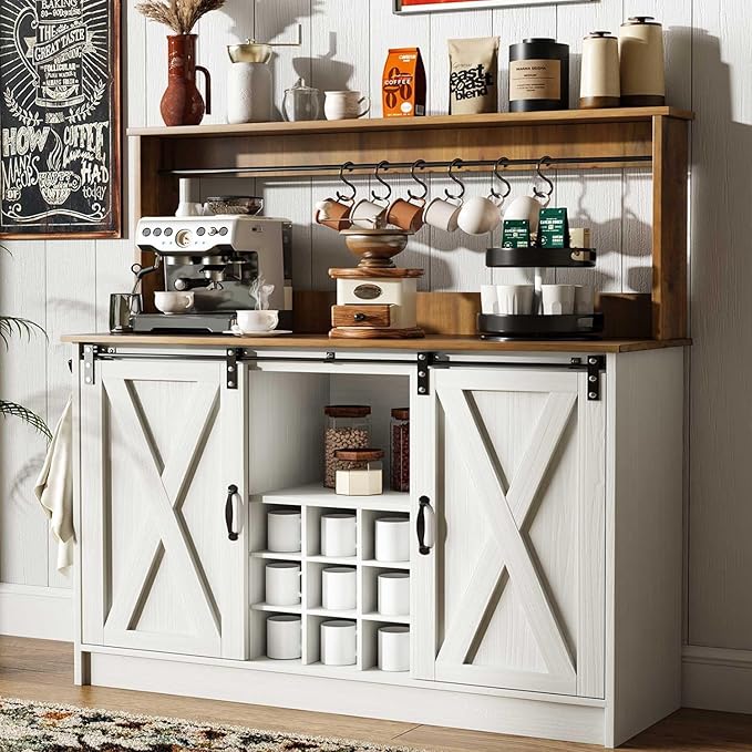 4ever2buy Farmhouse Coffee Bar Cabinet with 6 Hooks, 47'' Kitchen Coffee Bar with Hutch and 9 Wine Racks, White Sideboard Buffet with Sliding Barn Door for Dining Living Room