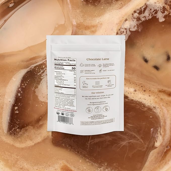 Organic Traditions Superfood Chocolate Latte – Creamy Coconut Milk Base - Dual Extract Ashwagandha – Easy to Mix - Sweetened with Coconut Palm Sugar – 1 Billion Probiotics per Serving - 150g/ 5.3oz Bag