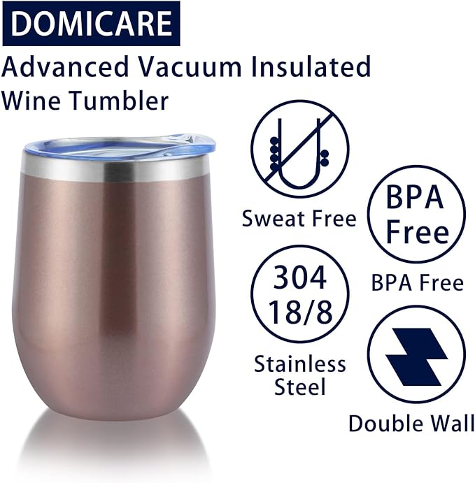 DOMICARE Stainless Steel Wine Tumbler Bulk with Lid, 12oz Travel Coffee Cups, Personalized Rose Gold Insulated Tumblers Set, Pack of 1