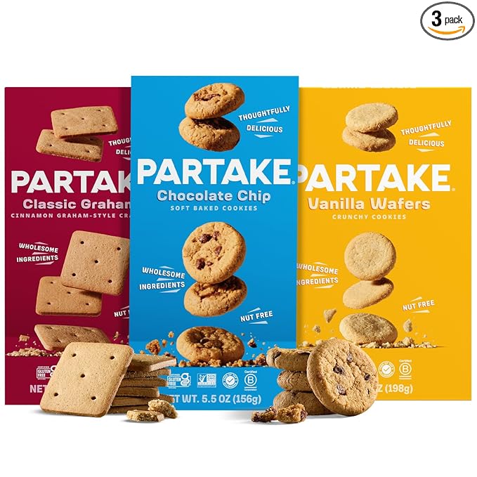 Gluten Free Partake Cookies & Cracker Variety Pack (Soft Baked Chocolate Chip, Classic Graham Cracker, Vanilla Wafer) - Vegan - Free From the Top 9 Allergens Including Dairy, Wheat, Soy, Eggs, & Peanuts - Non GMO - Safe School & Office Snack (3 Pack, 5...