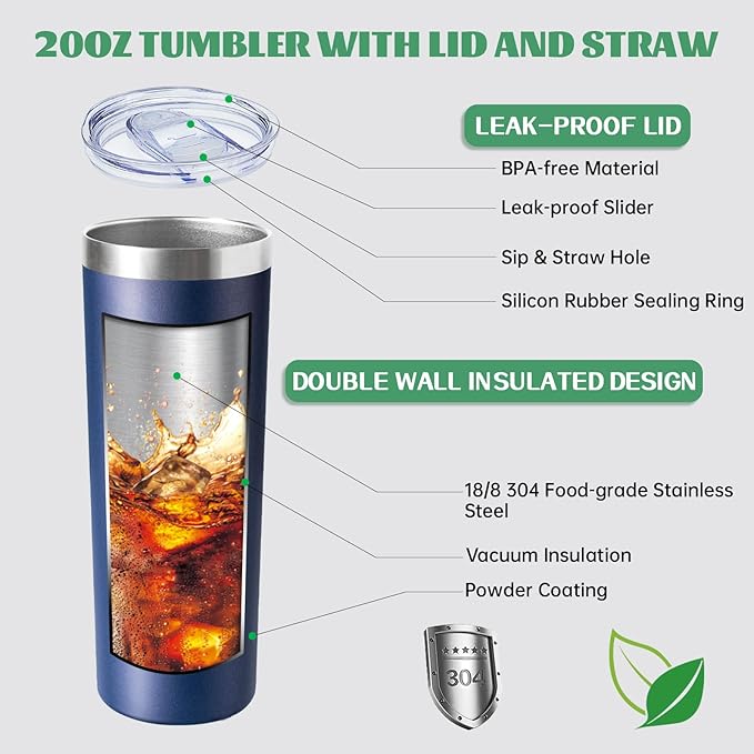 20 oz Skinny Tumbler with Lid and Straw,Stainless Steel Vacuum Insulated Tumbler Cup Double Wall Leak-proof Coffee Mug,Travel Thermal Water Tumbler for Home,Office,Outdoor(Navy Blue,4)