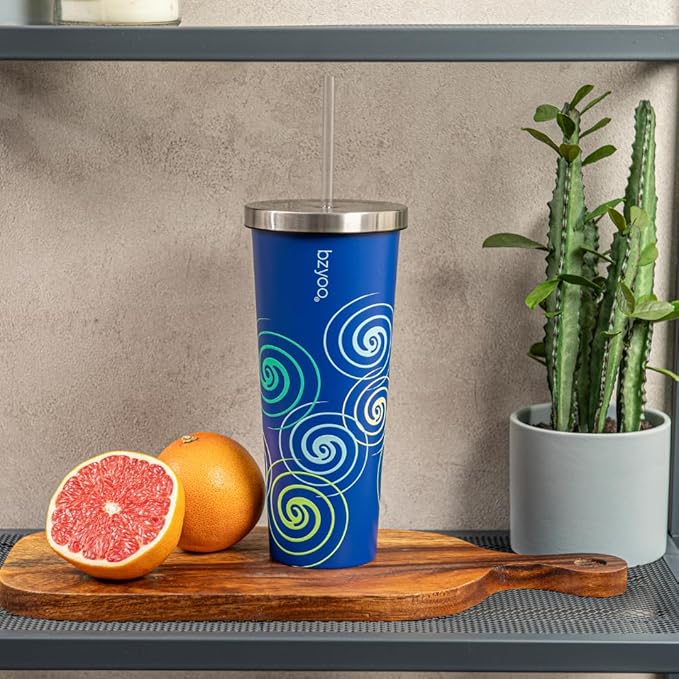 bzyoo SUP Double Wall Vacuum Insulated Tumbler with Straw and Lid Stainless Steel Water Bottle Travel Mug Cup, Mother's Day Gift Perfect For Ice Coffee or Tea (710ml) Color: Blue Swirl